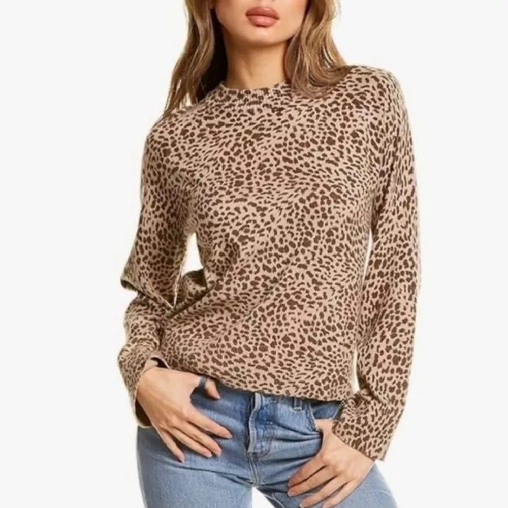 NWT Monrow Brown Leopard Modern Mock Neck Sweater Cashmere Blend XS